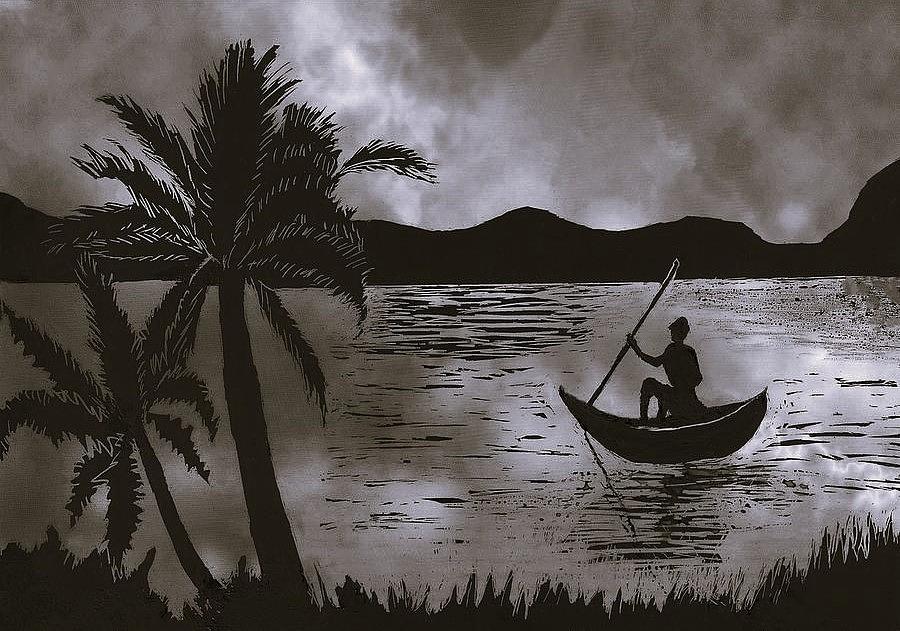 Tropical scene black and white Drawing by Tara Krishna