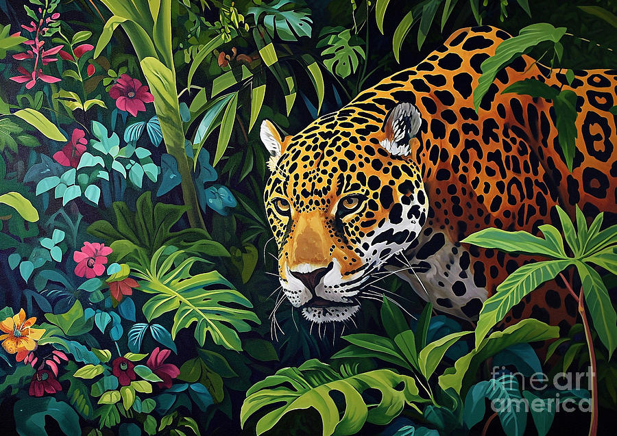 Tropical Stalk Jaguars Stalking Through A Lush Tropical Jungle Digital Art