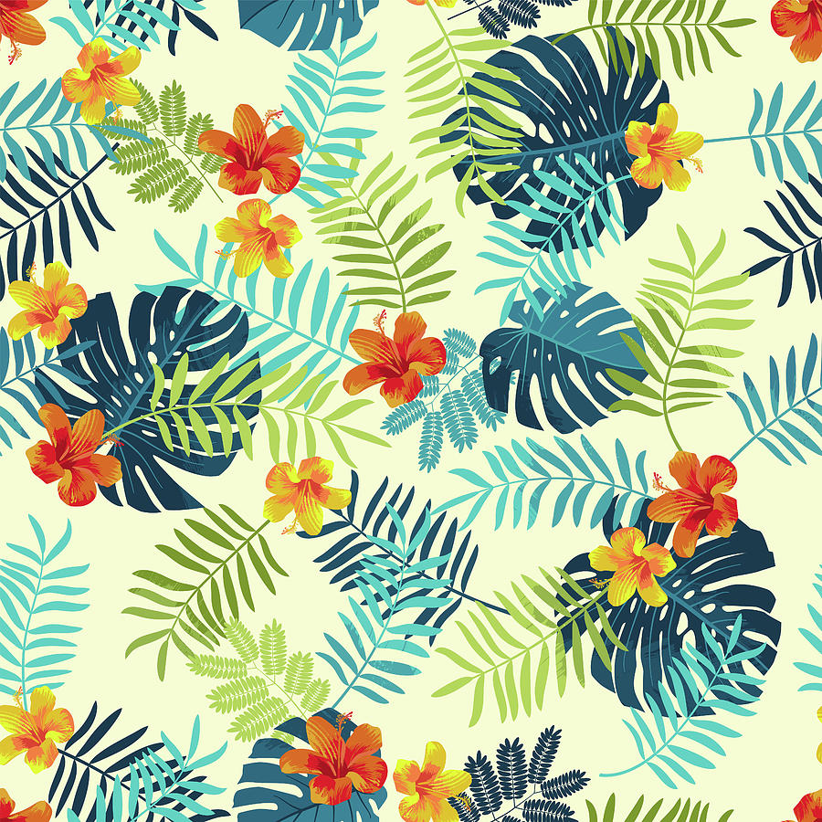 Tropical Summer seamless pattern with monstera leaves and hibiscus flowers.  Bright jungle seamless background. Vivid optimistic juicy colors. Repeat