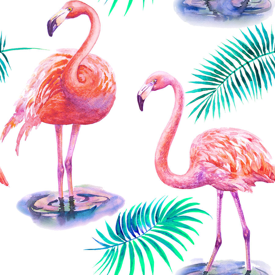 Tropical Summer With Flamingos Palm Leaves And Exotic Orchids Flowers Pattern Drawing