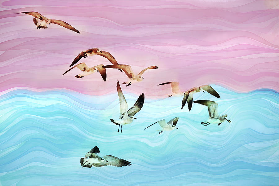 Tropical Sunset Flock of Seagulls Mixed Media by Peggy Collins