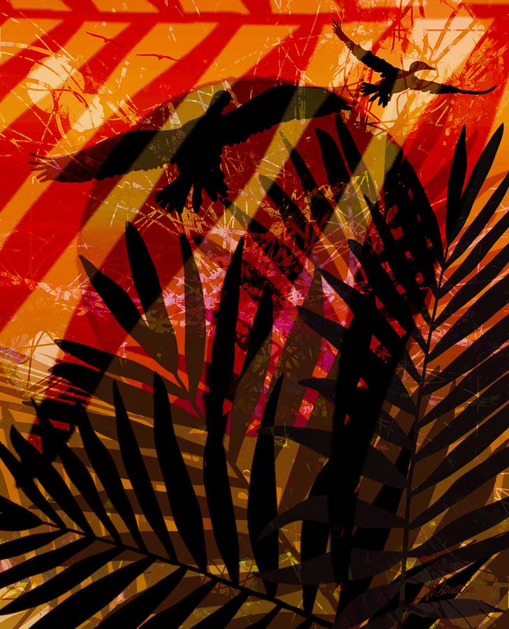 Tropical Sunset Palm Fronds And Cormorant Silhouettes Painting by Joan Stratton