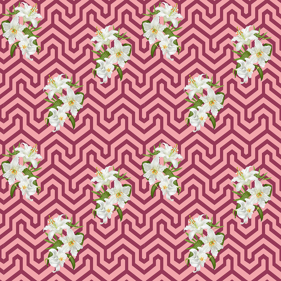 Tropical White Lily Pattern - Pink Digital Art