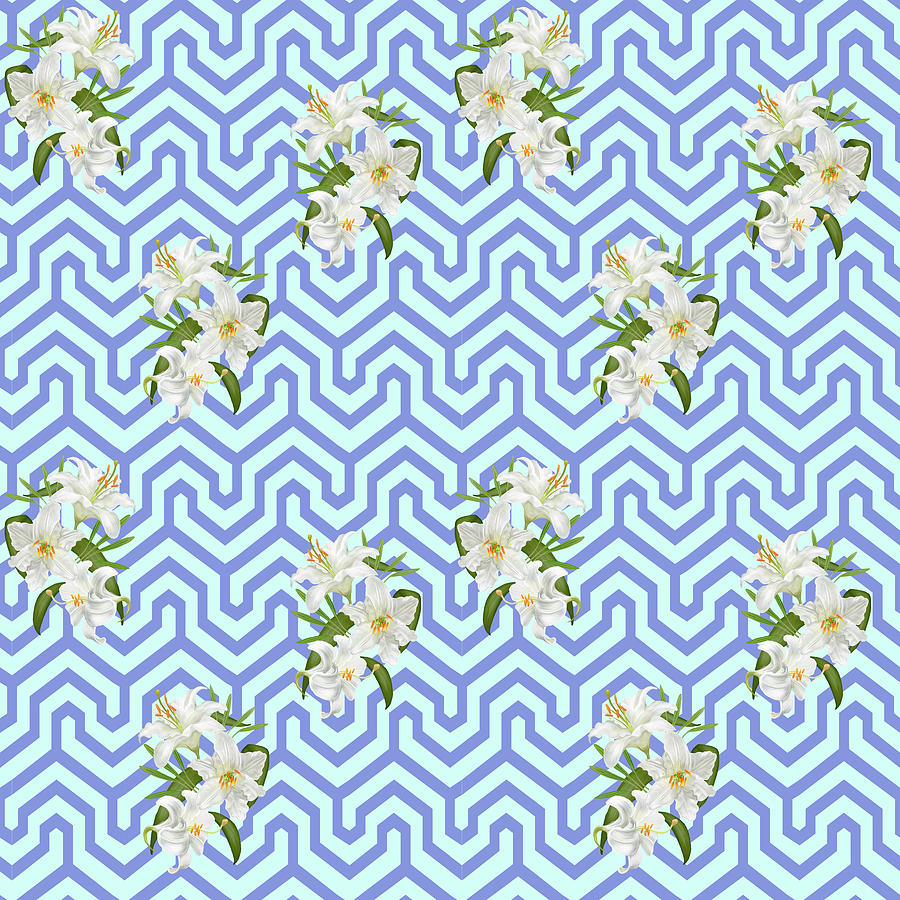 Tropical White Lily Pattern - Sky Blue Digital Art