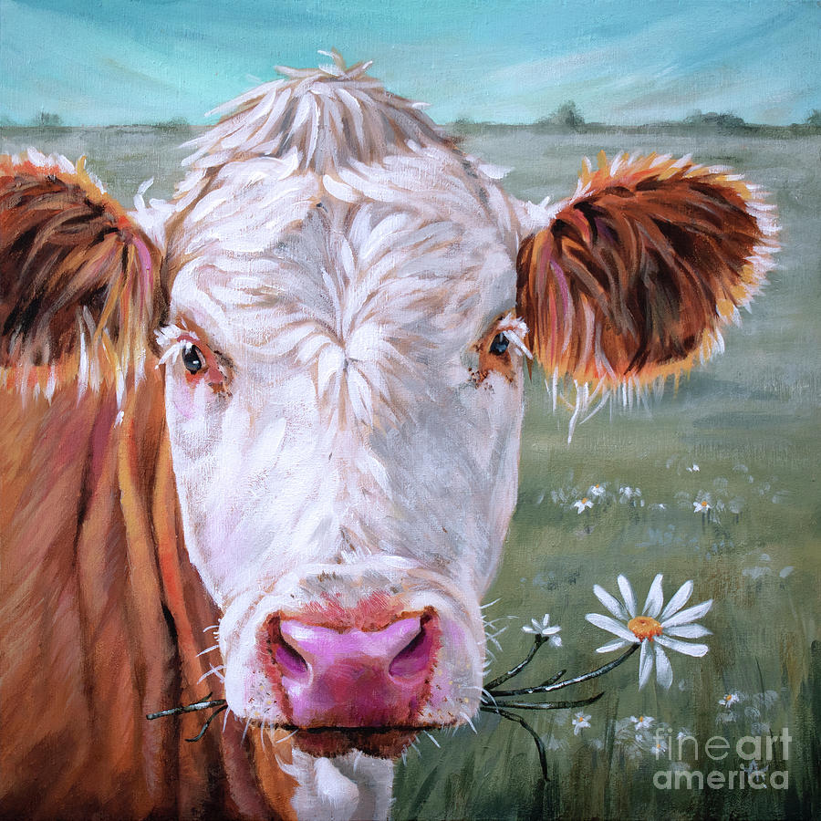 Trouble 3.0 - White Face Cow Painting Painting by Annie Troe
