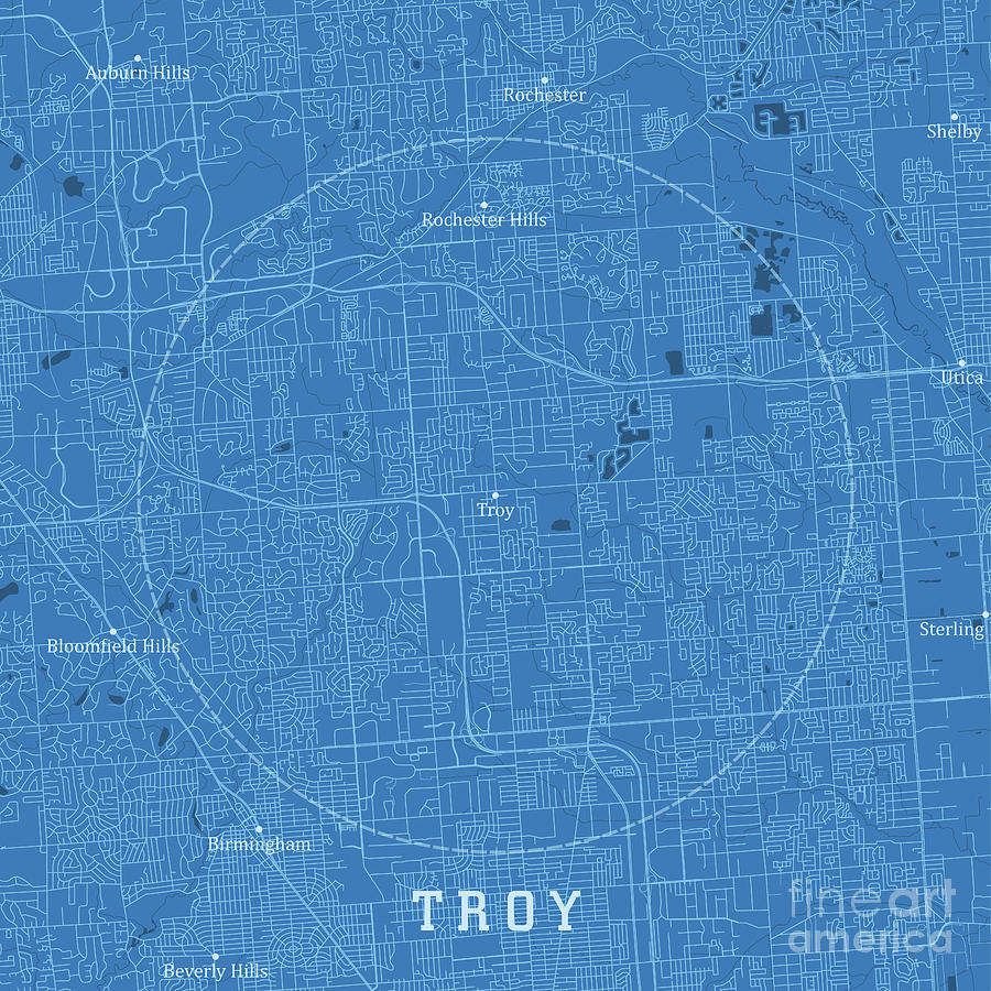 Troy MI City Vector Road Map Blue Text Digital Art by Frank Ramspott ...