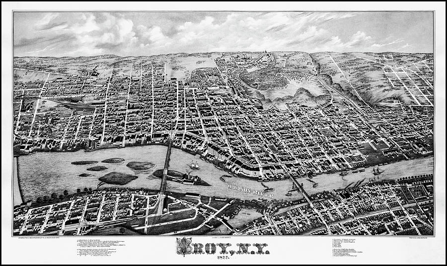 Troy New York Vintage Map Birds Eye View 1877 Black and White