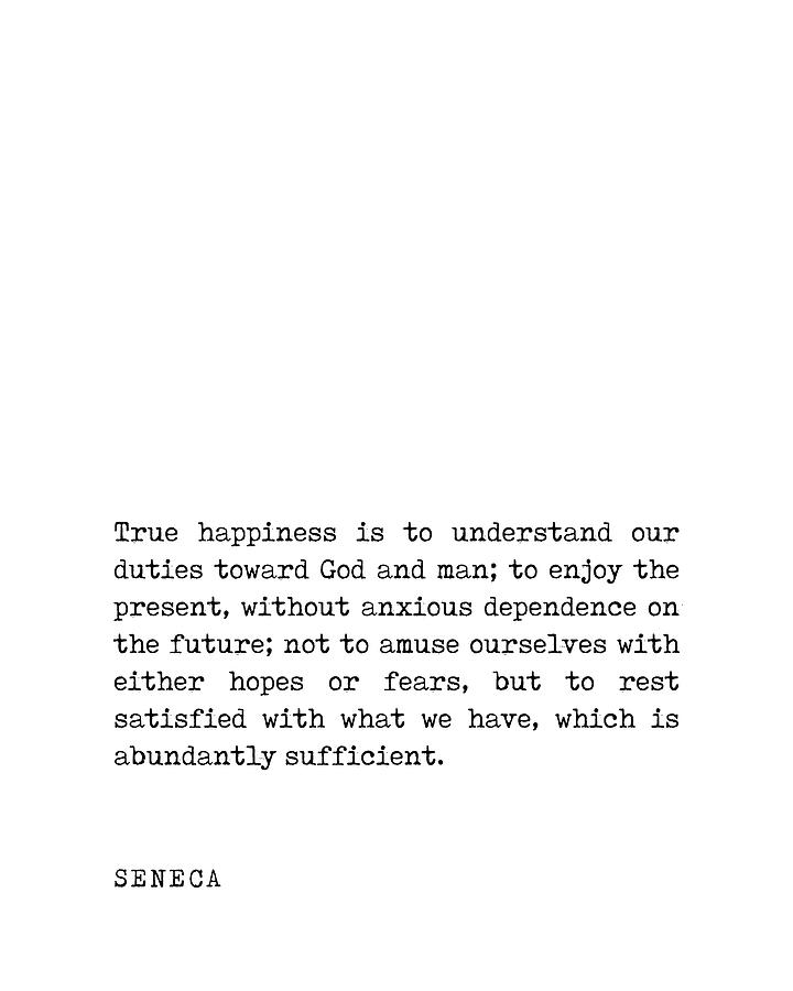 Typography Digital Art - True Happiness - Seneca Quote - Literature - Typewriter Print by Studio Grafiikka