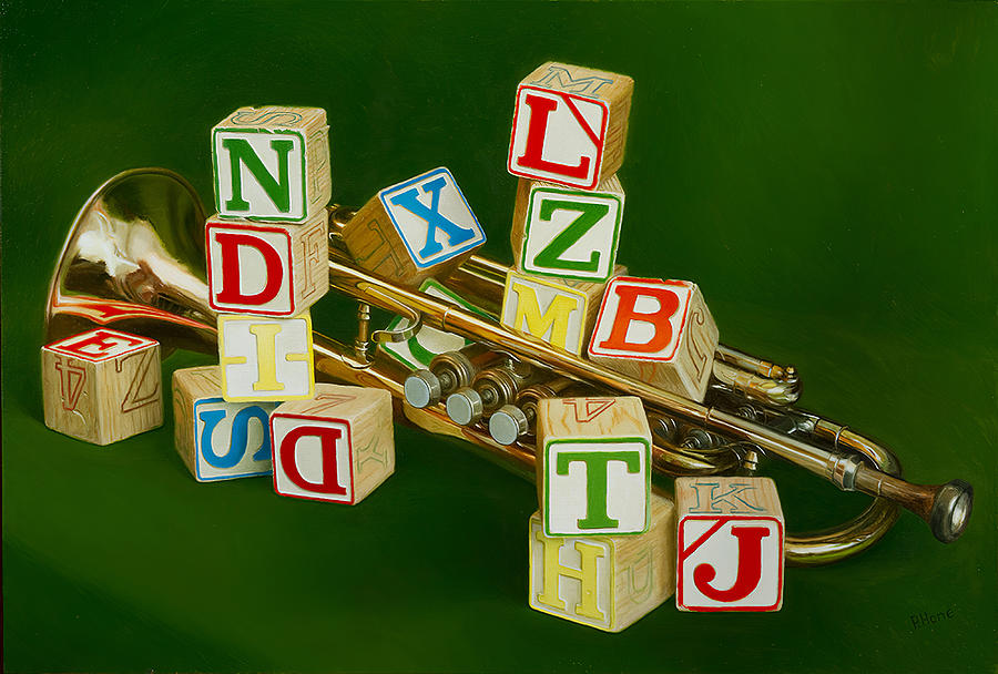 Trumpet With Childrens Blocks Painting by Hone Williams