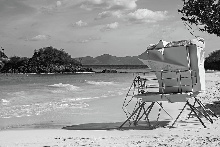 Trunk Bay Beach Beautiful Blue Water Saint John Lifeguard House Black and White Photograph by Toby McGuire