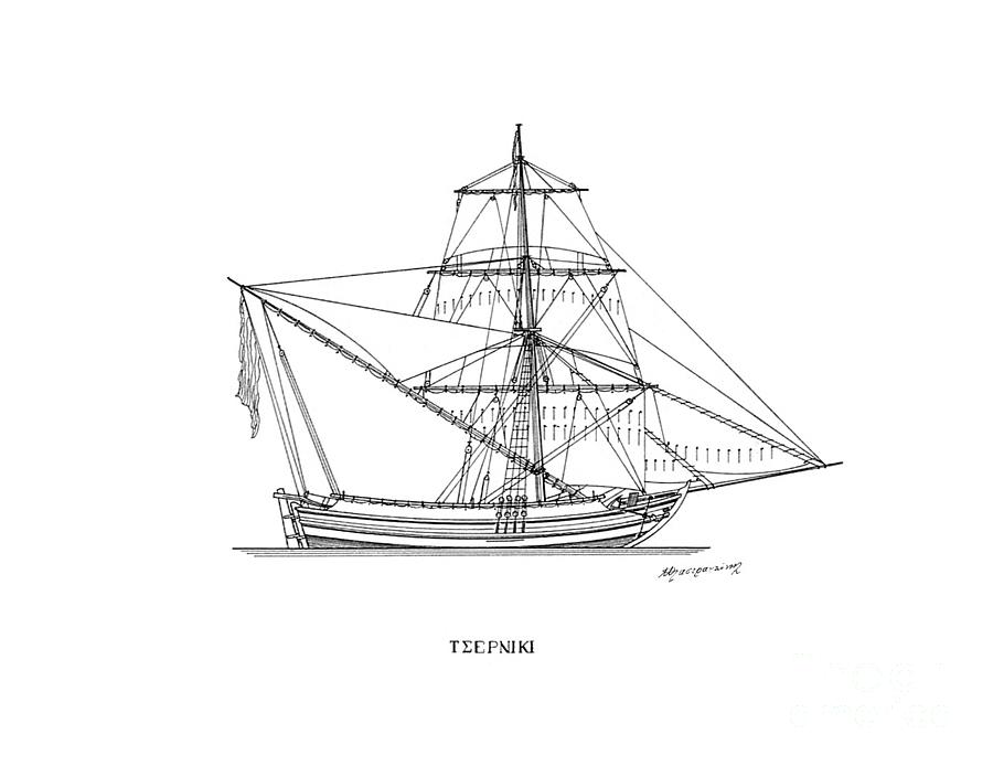 Tserniki - traditional Greek sailing ship Drawing by Panagiotis Mastrantonis