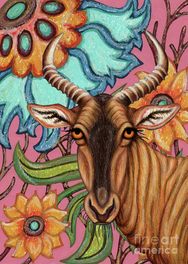Tsessebe Antelope Floral Painting by Amy E Fraser