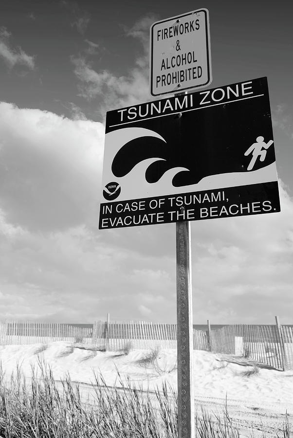 Tsunami Zone Sign Myrtle Beach South Carolina BW Photograph by Bob Pardue