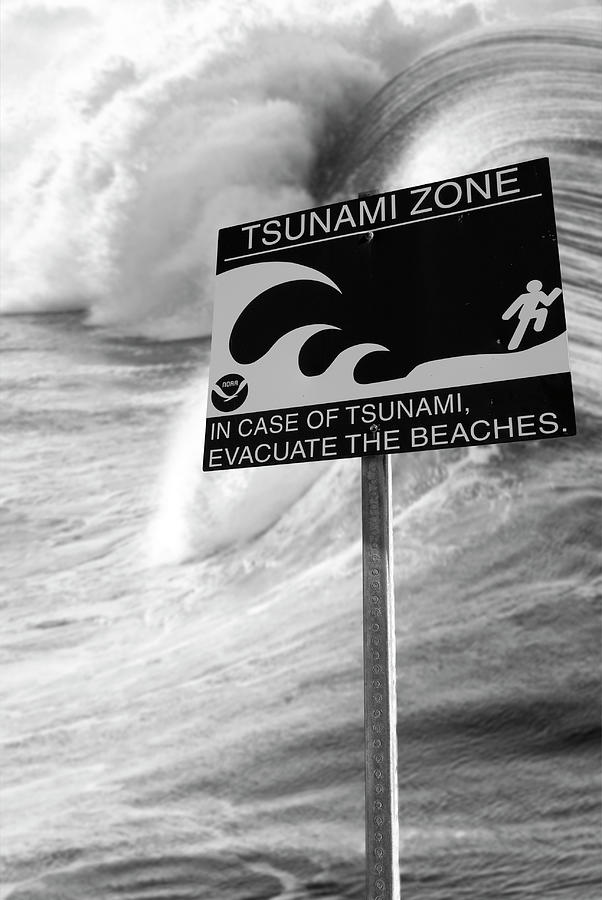 Tsunami Zone Sign With Giant Tidal Wave BW Mixed Media by Bob Pardue
