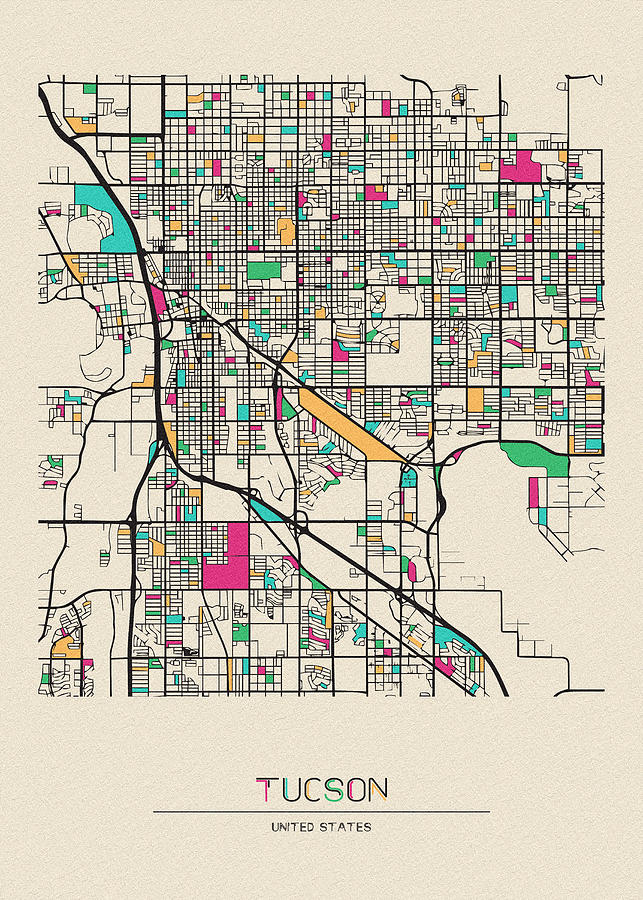 Memento Movie Drawing - Tucson, Arizona City Map by Inspirowl Design