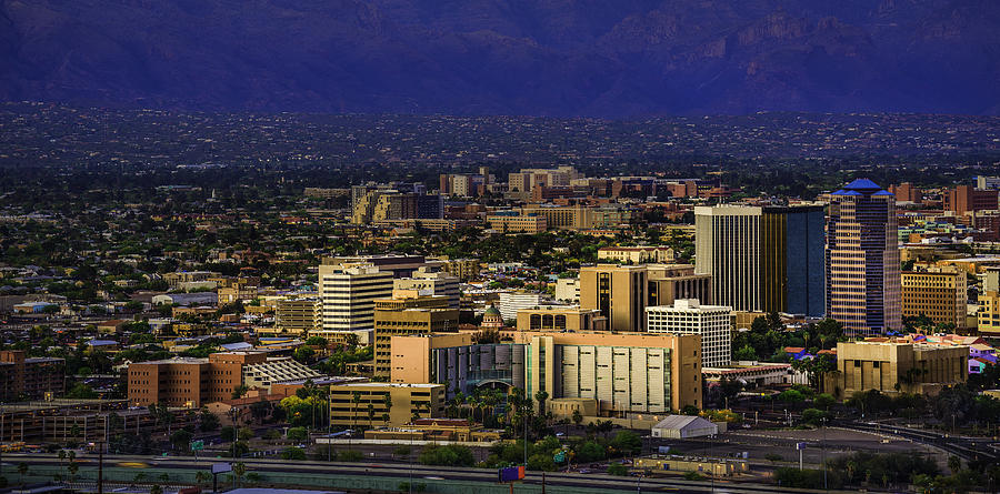 Tucson Arizona panoramic cityscape and Santa Catalina Mountains at sunset Photograph by Dszc