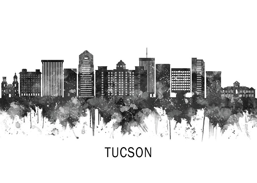 Tucson Arizona Skyline BW Mixed Media by NextWay Art - Pixels