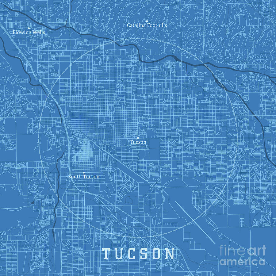 Tucson Digital Art - Tucson AZ City Vector Road Map Blue Text by Frank Ramspott