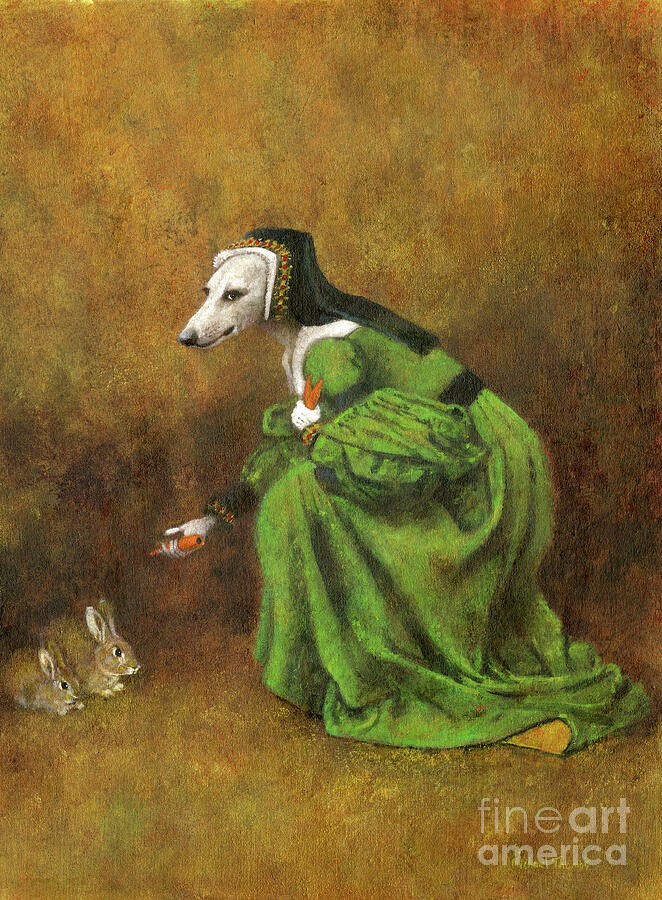 Tudor Whippet Lady With Rabbits Painting