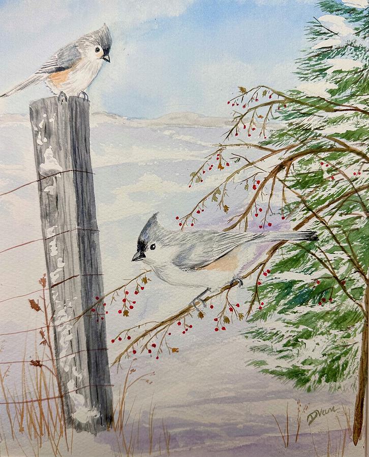 Tufted Titmouse Birds in the Snow Painting by Denise Van Deroef