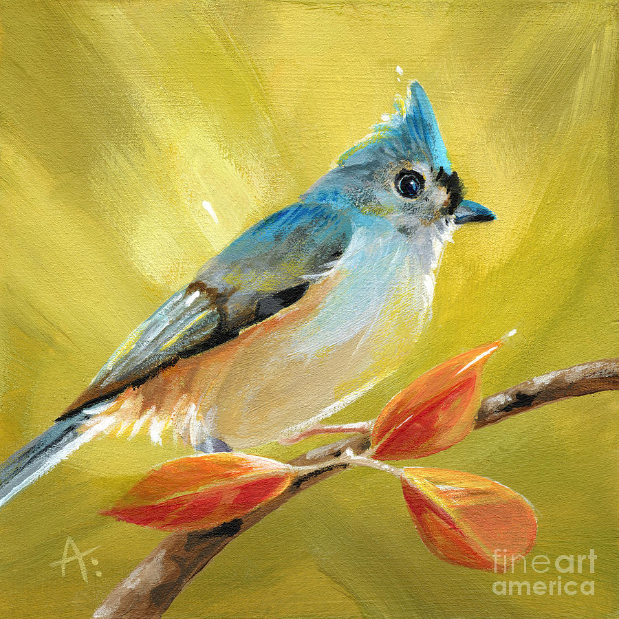 Titmouse Painting - Tufted Titmouse - Fall Leaves by Annie Troe