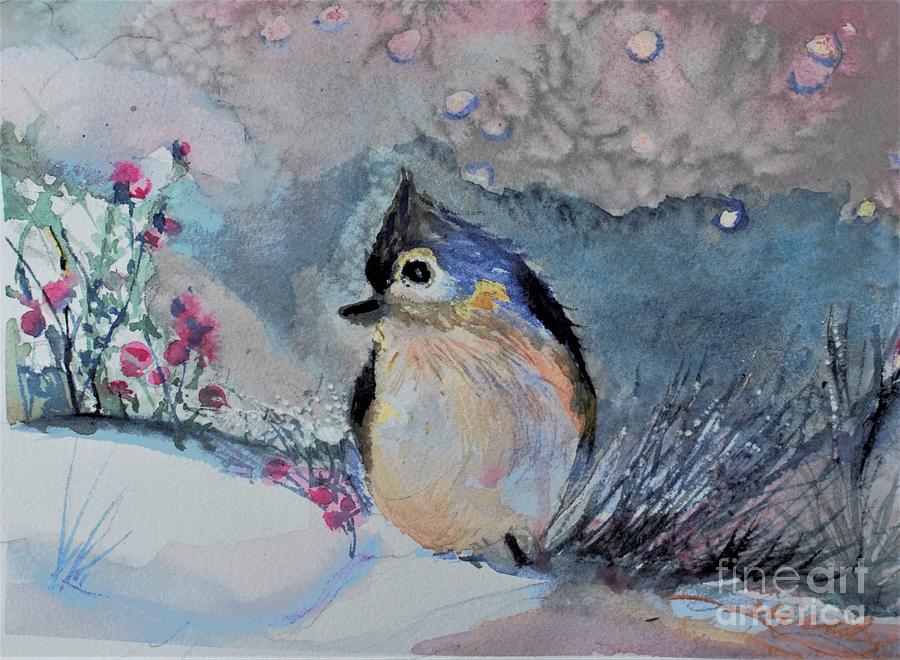 Winter Painting - Tufted Titmouse in the Snow by Mindy Newman