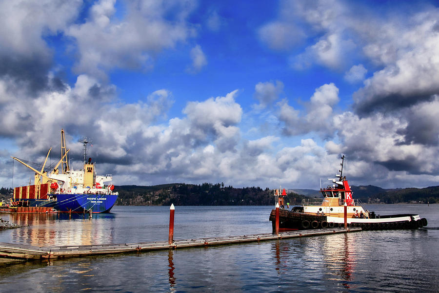 Tug Boat and Pacific Logger Ship Photograph by Sally Bauer