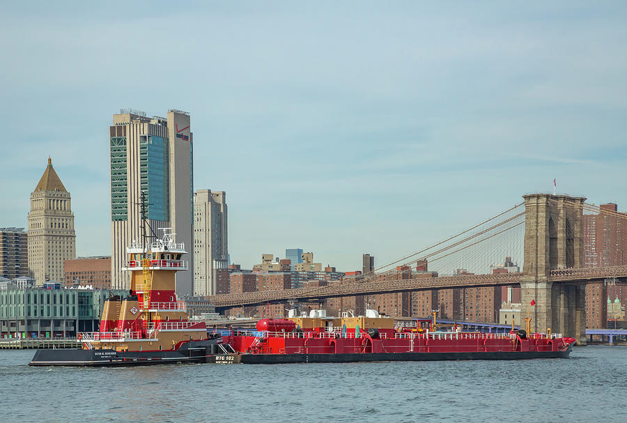 Tug Boat Barge and Brooklyn Bridge Photograph by Cate Franklyn