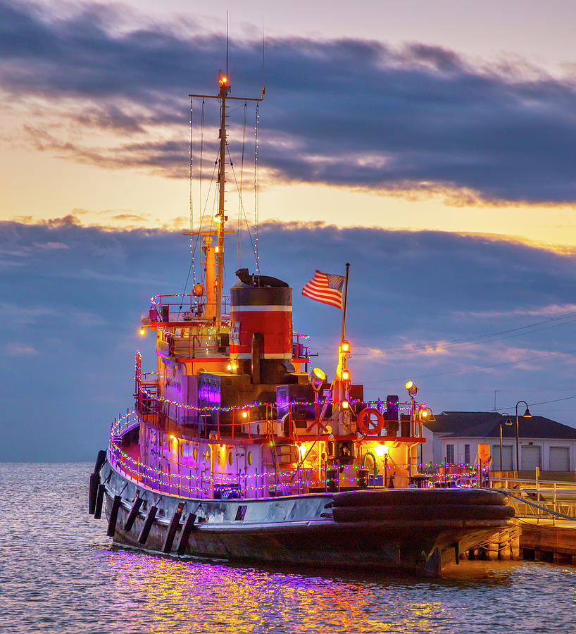 Tug Ludington with Christmas lights Photograph by James Brey - Fine Art ...