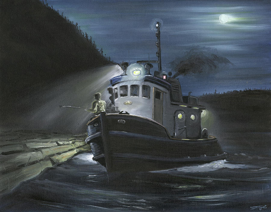Tugboat at Night Painting by Scott Dewis