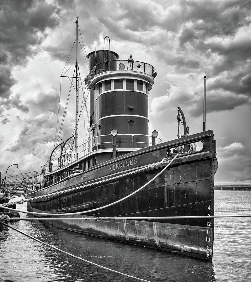Tugboat Hercules and Storm Clouds BW Photograph by Jerry Fornarotto