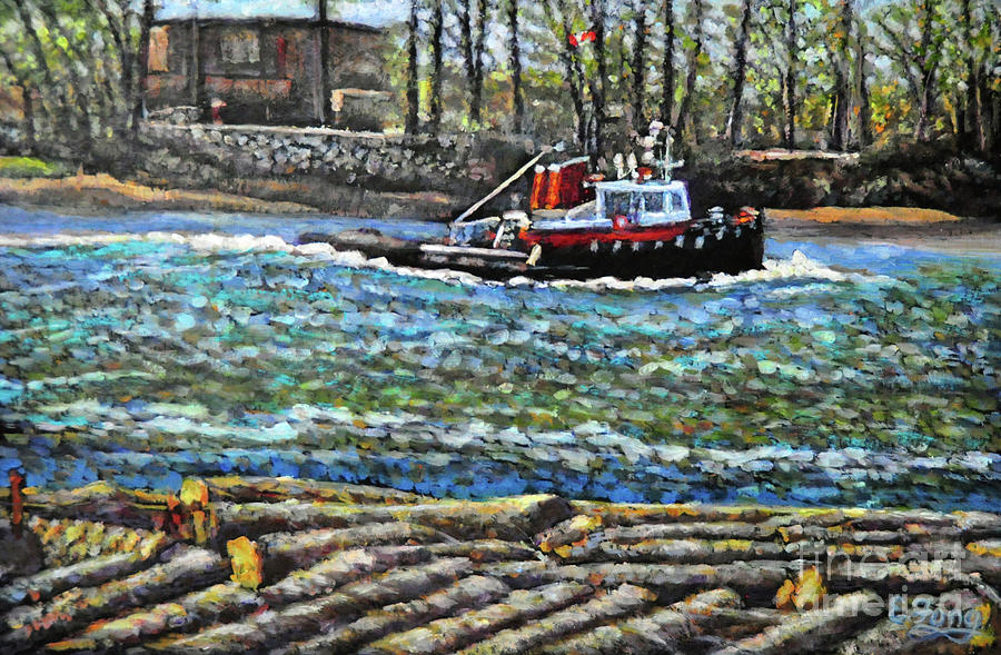 Tugboat with Logs on the Fraser River Painting by Eileen  Fong