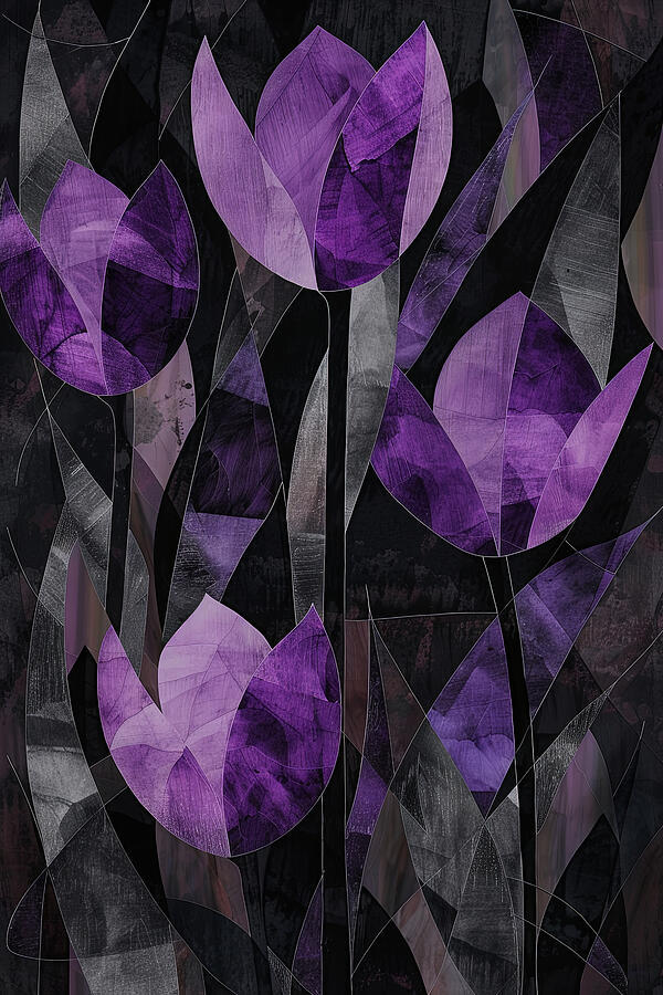 Tulip Art in Black, Gray and Purple Painting by Lourry Legarde
