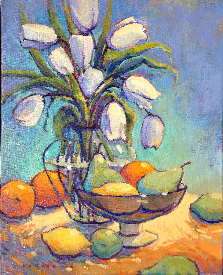 White Tulips and Fruits Painting by Konnie Kim