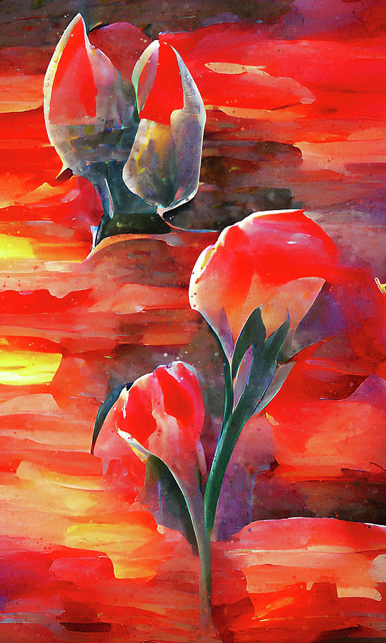 Tulip Flowers at Sunset, 01 Painting by AM FineArtPrints
