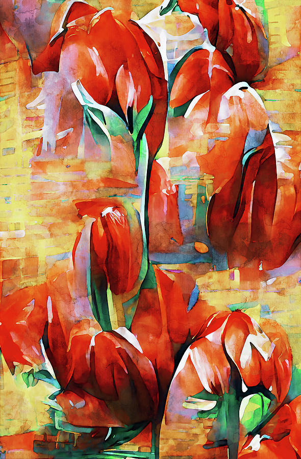 Tulip Flowers at Sunset, 03 Painting by AM FineArtPrints