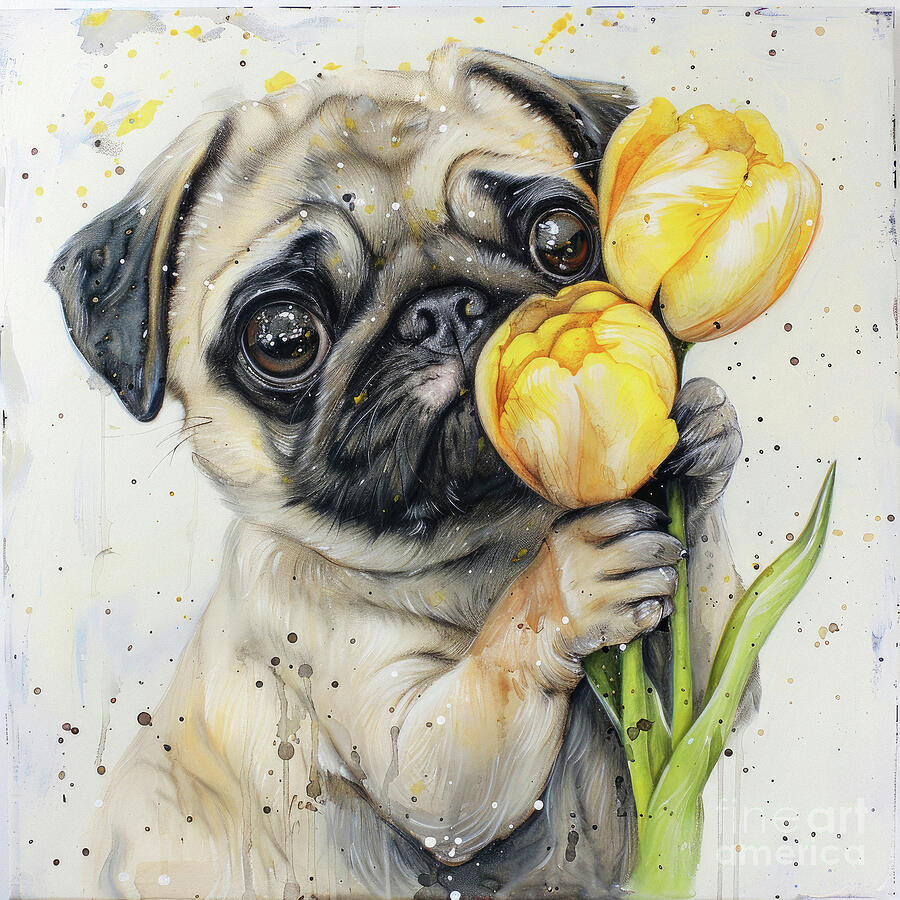 Dog Painting - Tulip Love Pug by Tina LeCour