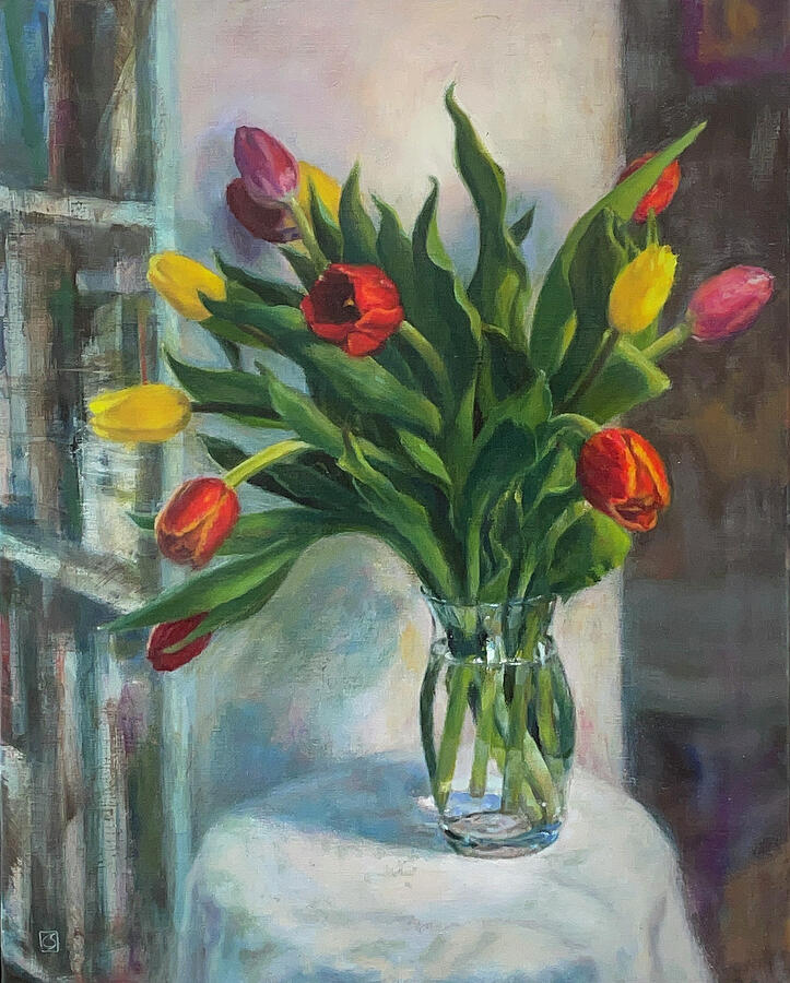 Tulip Mix in Glass Vase Painting by Kerima Swain