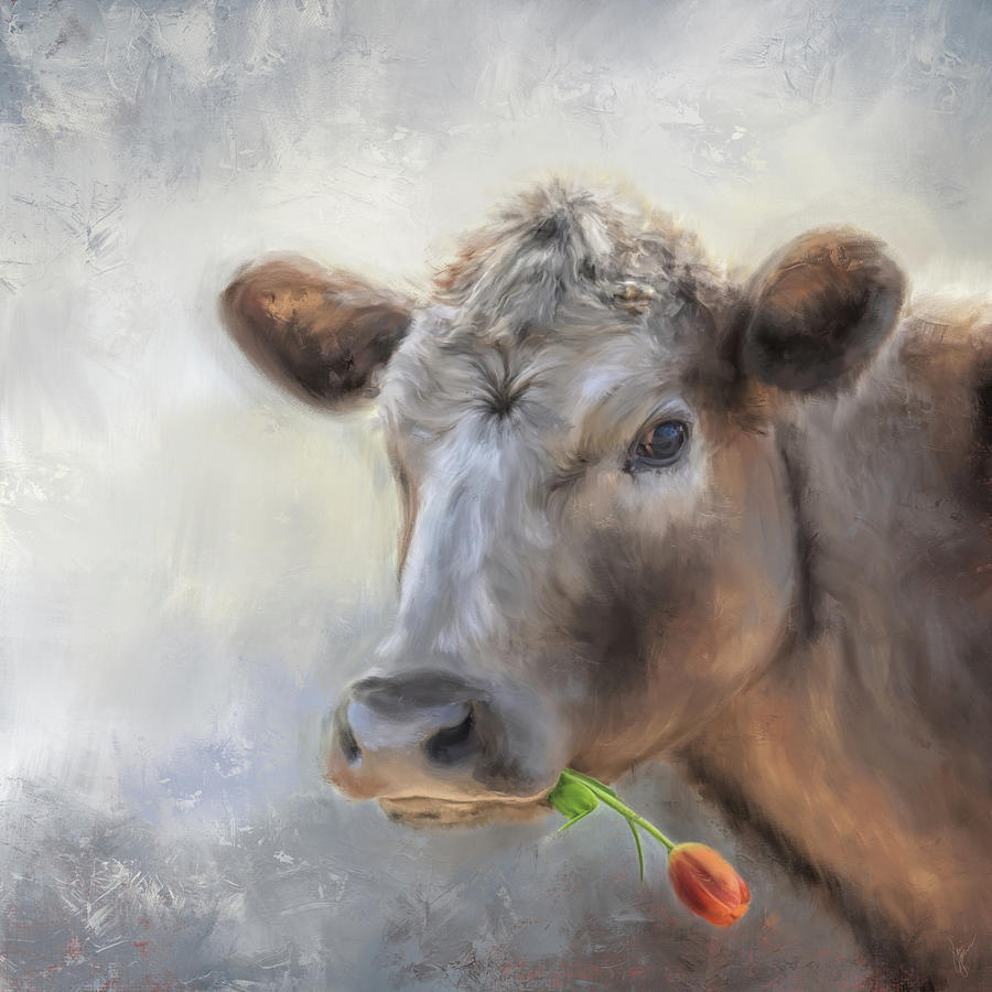 Tulip Picker - Farmhouse Style Cow Art Painting by Jai Johnson