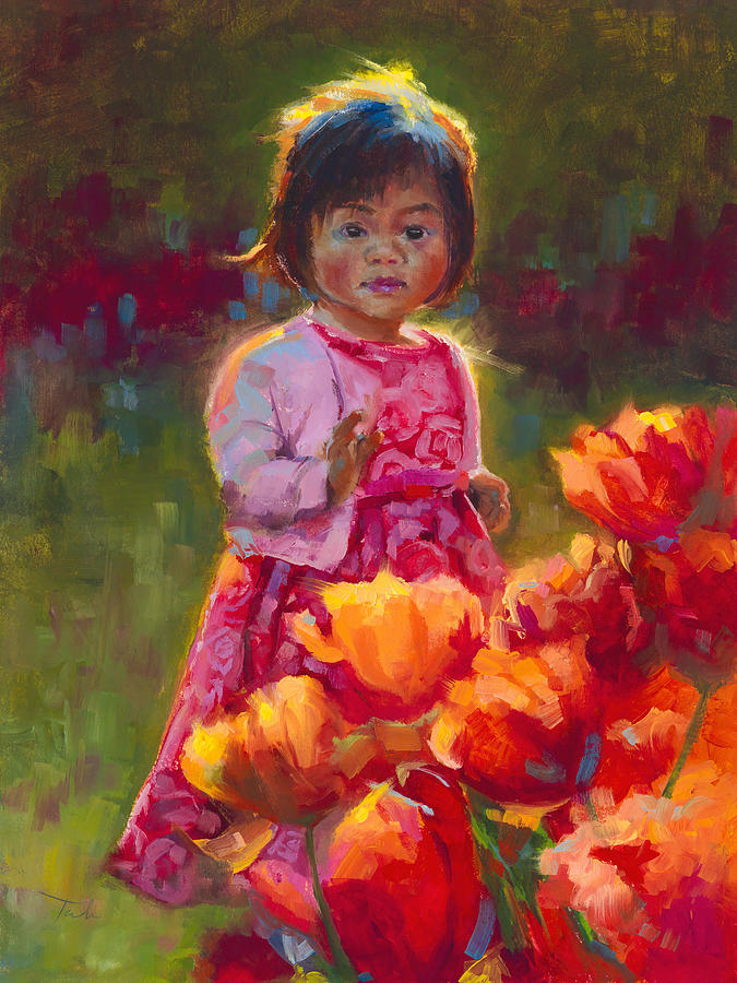 Tulip Princess - Impressionist Girl in Pink Dress With Orange Tulips Painting by Talya Johnson