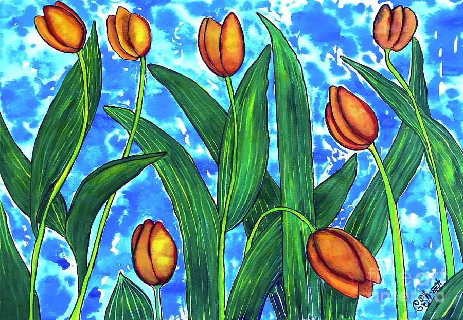 Tulips Against A Patchy Blue Sky Painting