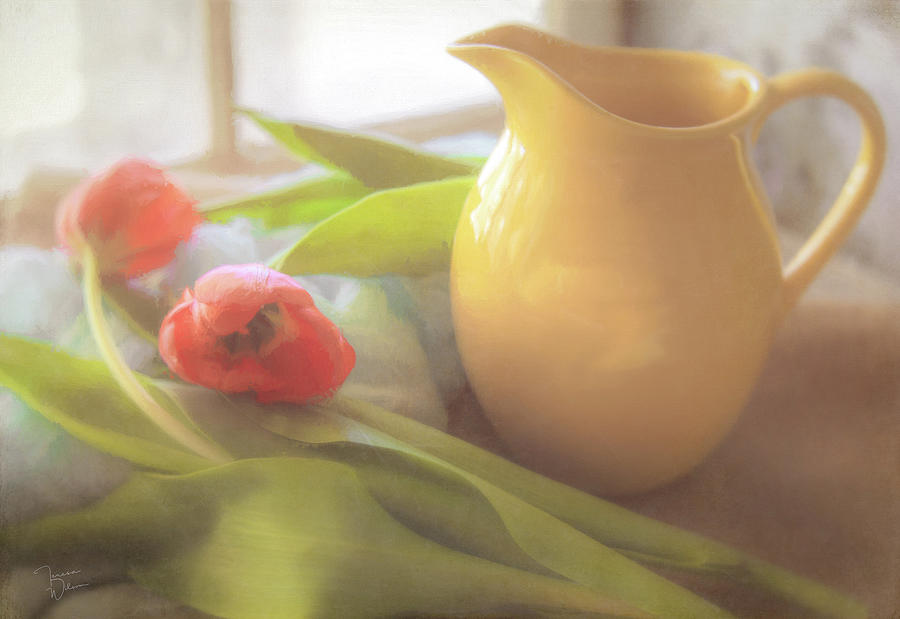 Tulips and a Yellow Pitcher in the Morning Light Digital Art by Teresa Wilson