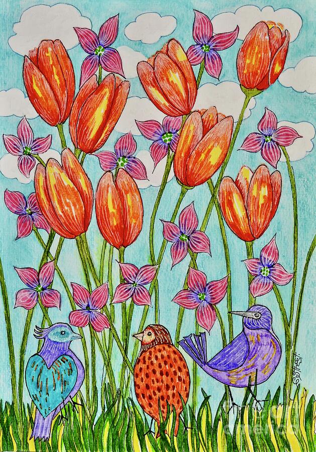 Tulips and Birds Drawing by Caroline Street Tulips and Birds Drawing by Caroline Street