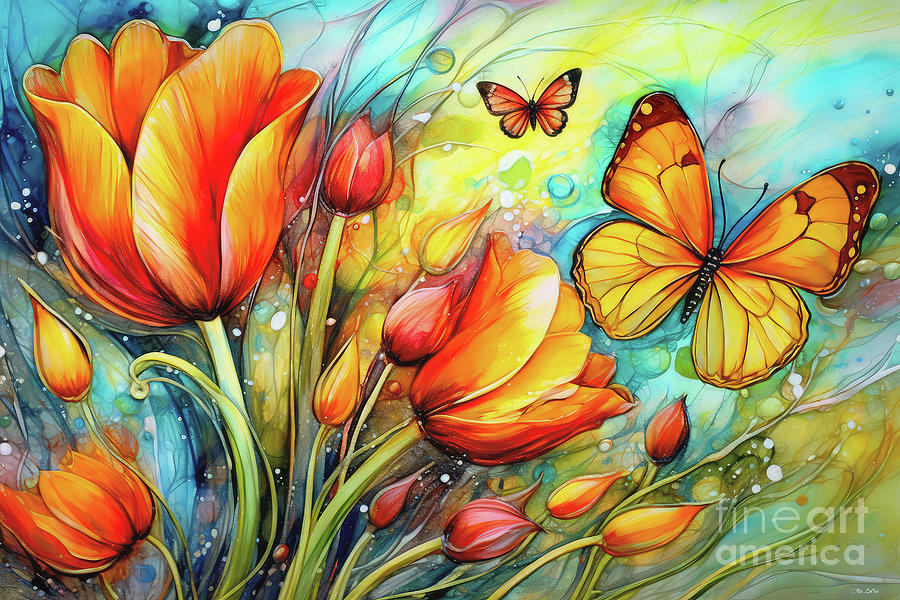 Tulips And Butterflies Painting by Tina LeCour