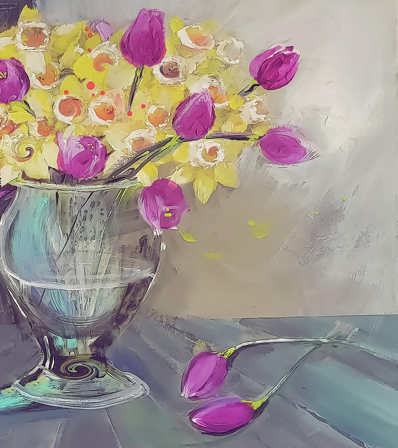 Tulips And Daffodils In A Glass Vase Painting