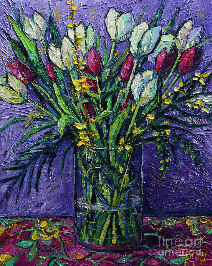 TULIPS AND FORSYTHIA Palette Knife Painting Mona Edulesco Painting by Mona Edulesco