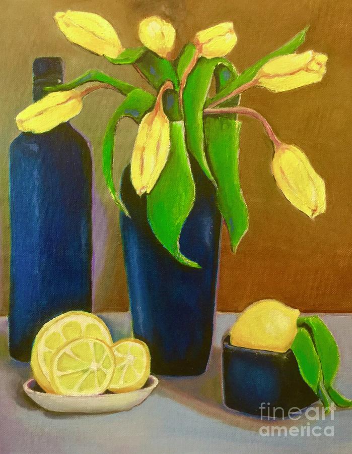 Tulips and lemon Painting by Lana Sylber