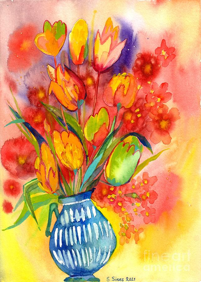 Tulip Painting - Tulips And Poppies In Striped Vase by Suzann Sines