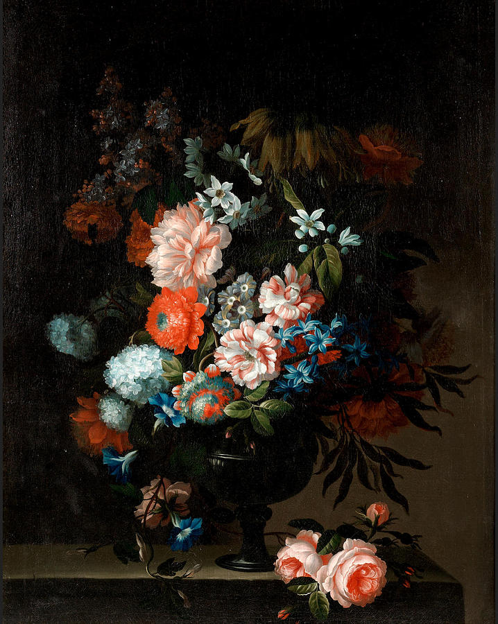 Flower Painting -  Tulips, carnations, chrysanthemums and other flowers in a glass vase with roses on a stone ledge by Pieter Hardime