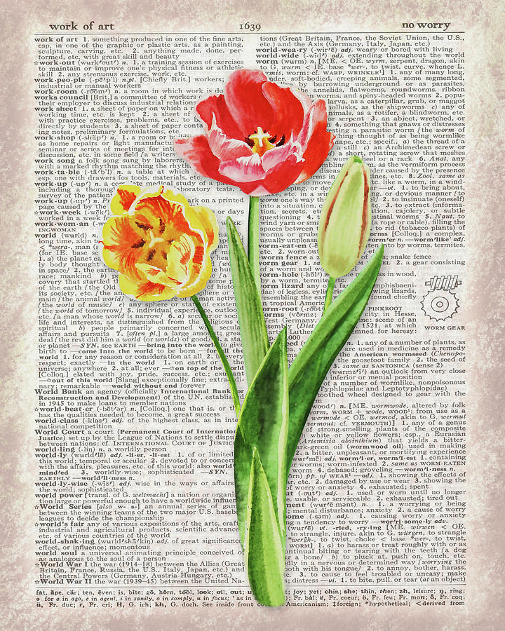 Tulips Dictionary Page Watercolor Art  Painting by Irina Sztukowski